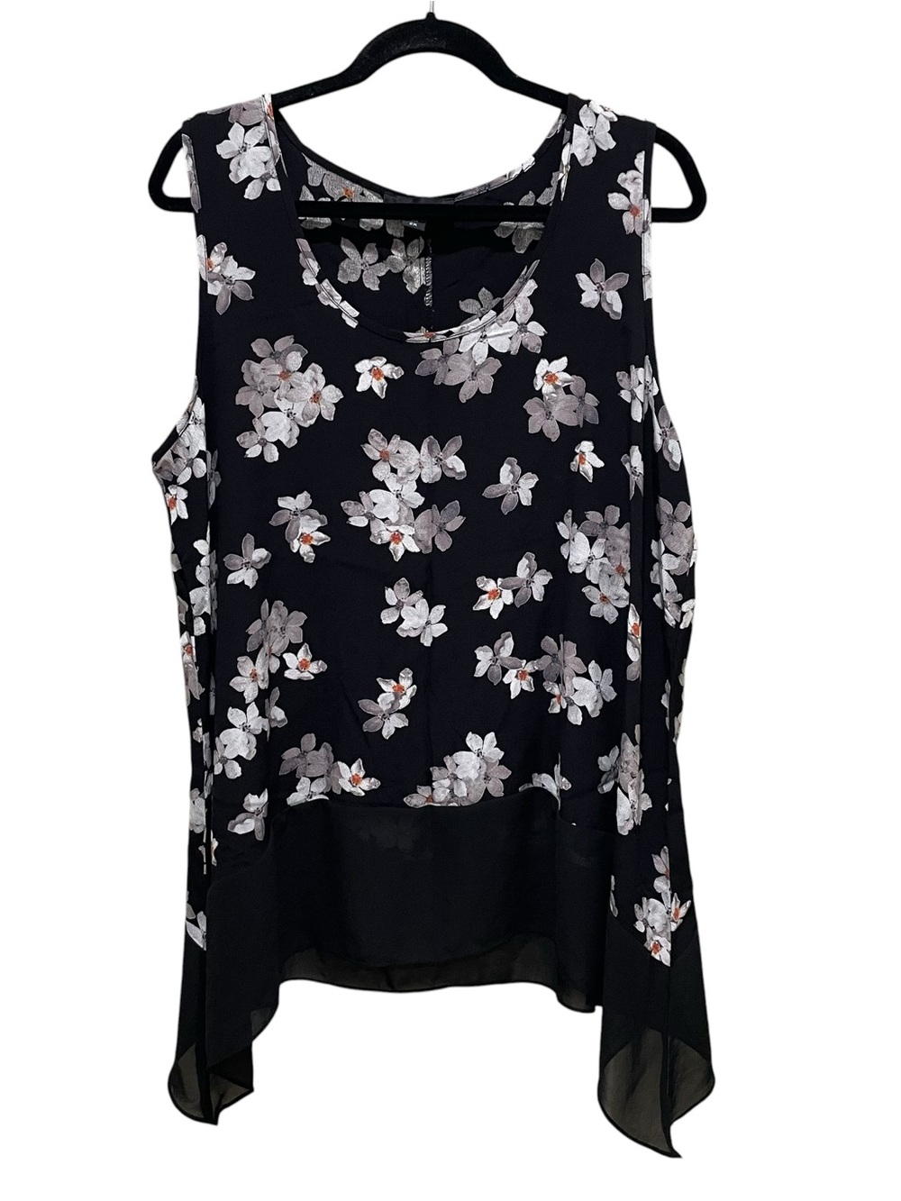 Karen Kane Floral Tunic Top Black Gray Sheer Chiffon Asymmetrical Womens Size 2X